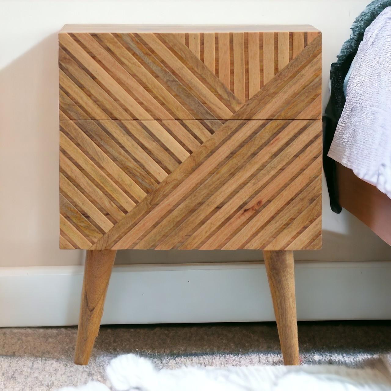 Wood 2-Drawer Bedside Table with Zig-Zag Geometric Front