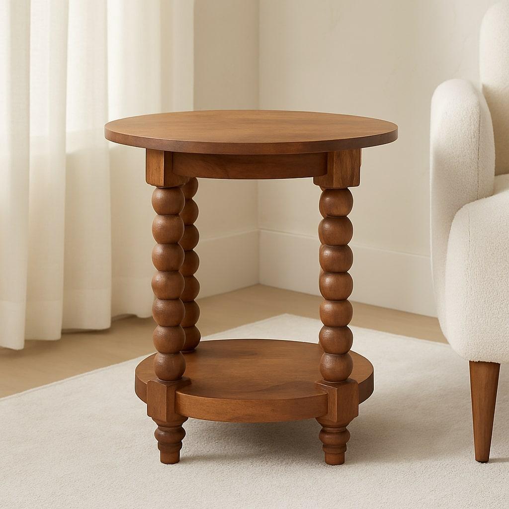 Wood Barley Twist Round Side Table with Acid-wash Distressed Look